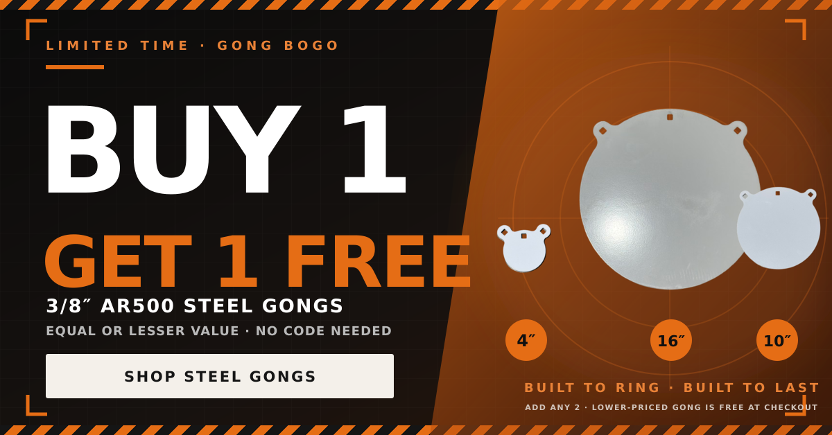 Buy any 3/8 inch AR500 steel gong and get a second gong of equal or lesser value free