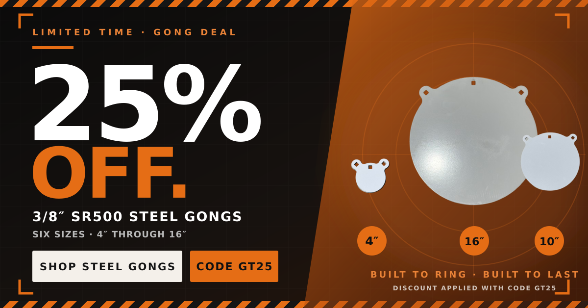 Shooting Targets USA limited-time offer: 25% off 3/8 inch steel gongs with code GT25