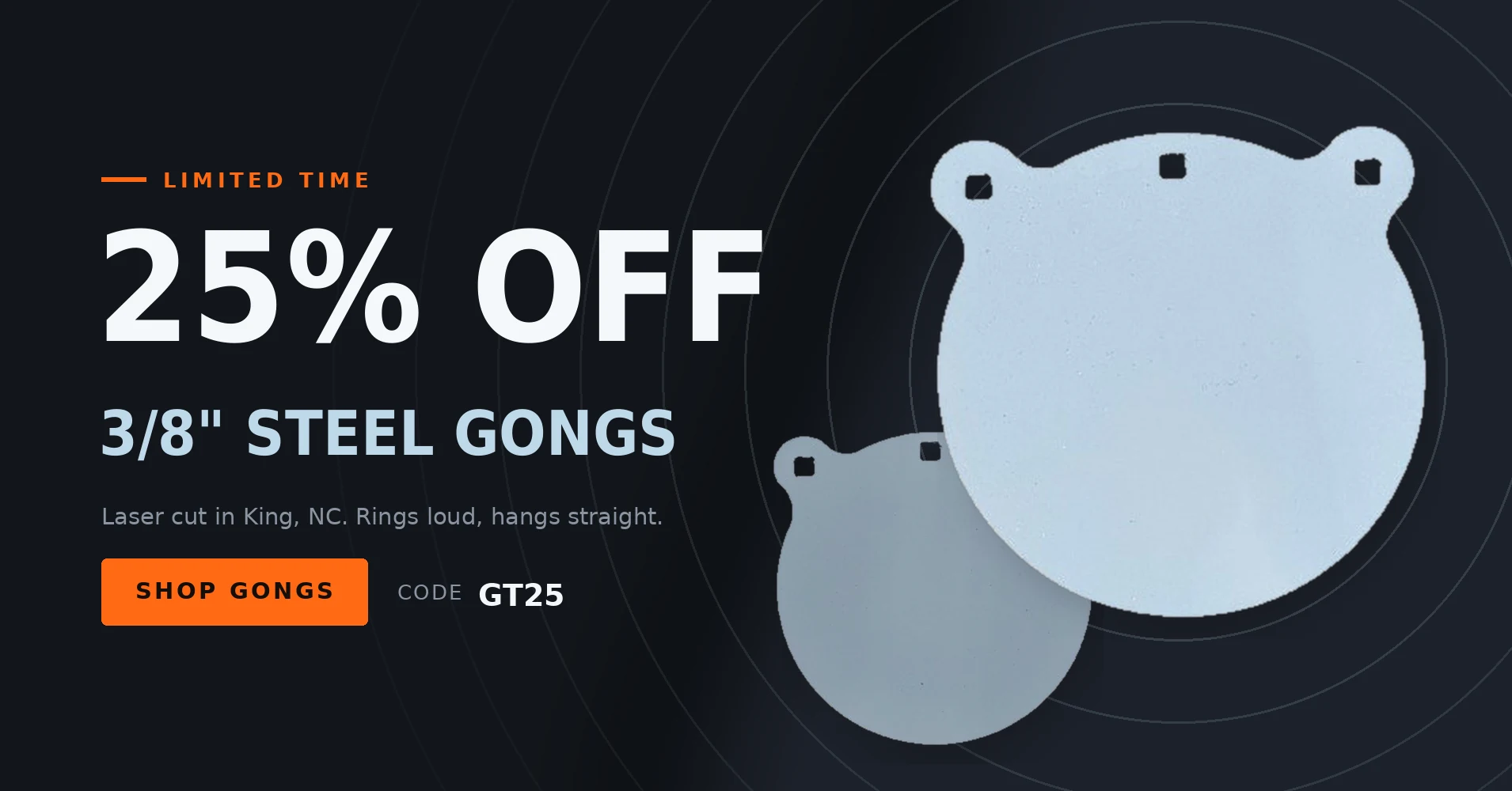 Shooting Targets USA limited-time offer: 25% off 3/8 inch steel gongs with code GT25