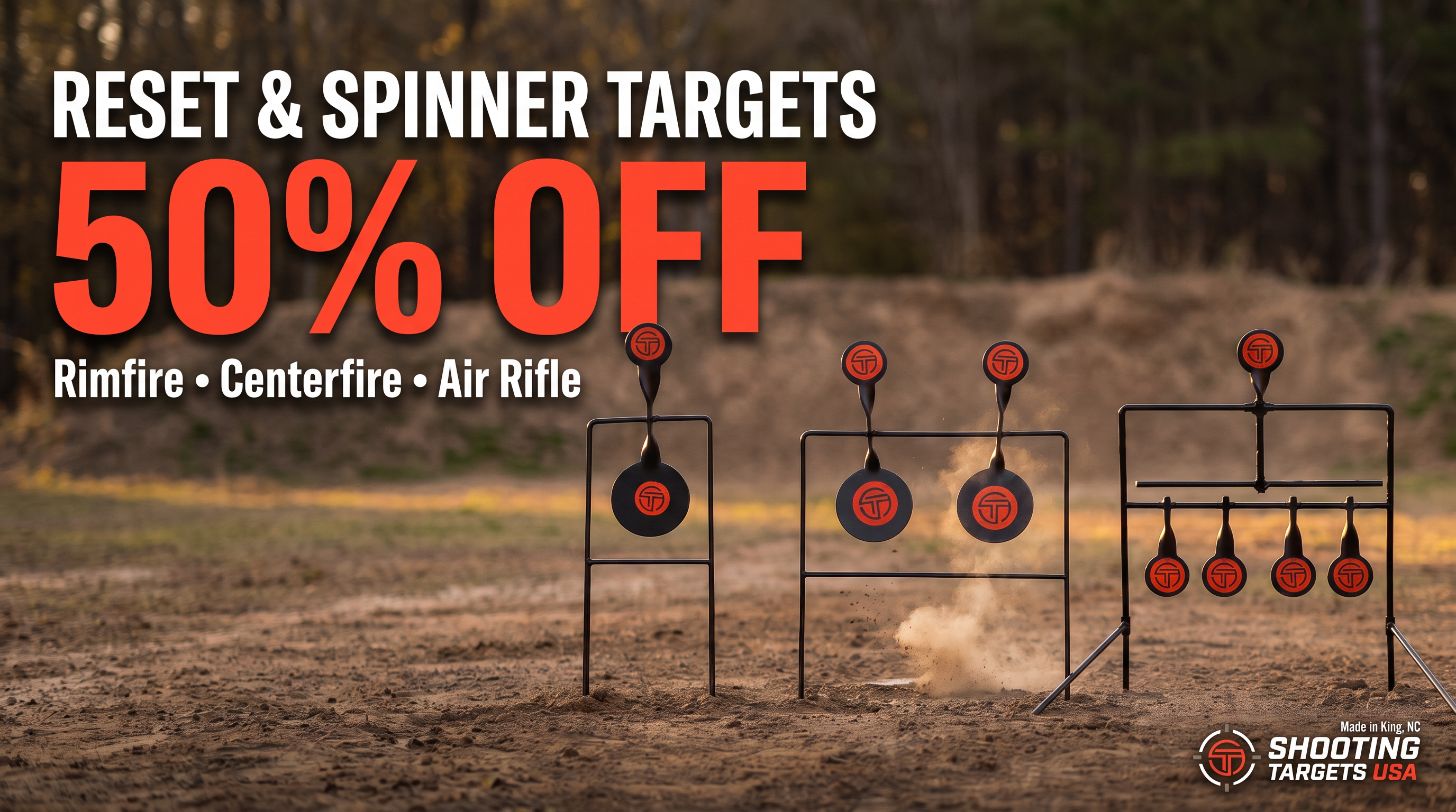 Reset and spinner targets 50 percent off for rimfire, centerfire, and air rifle